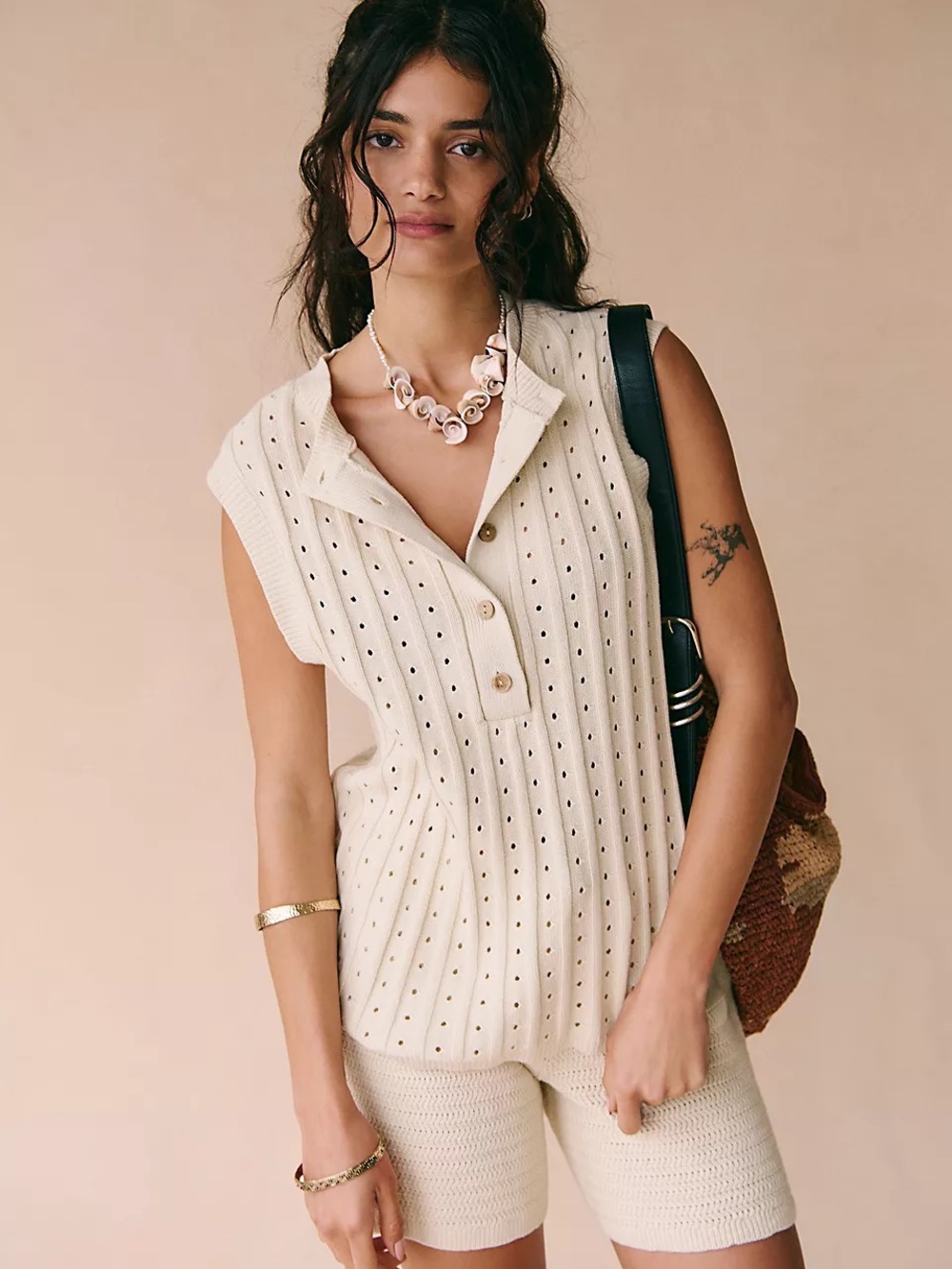 Free People Cream Eyelet Knit Sleeveless Sweater